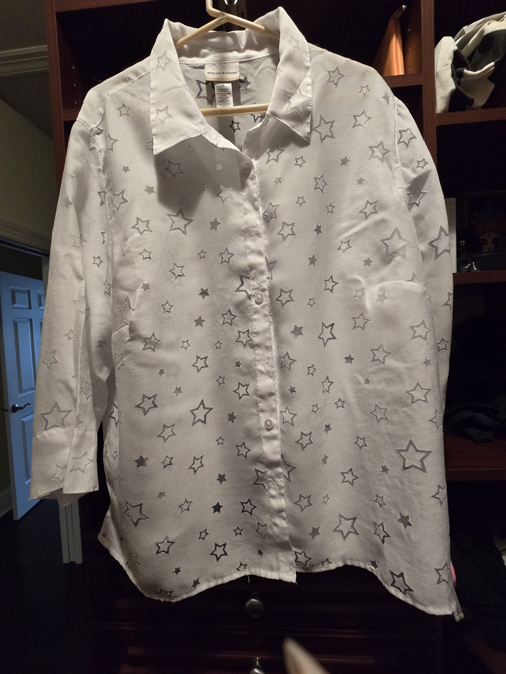 Alfred Dunner White Button-Front Shirt with Transparent Star Print